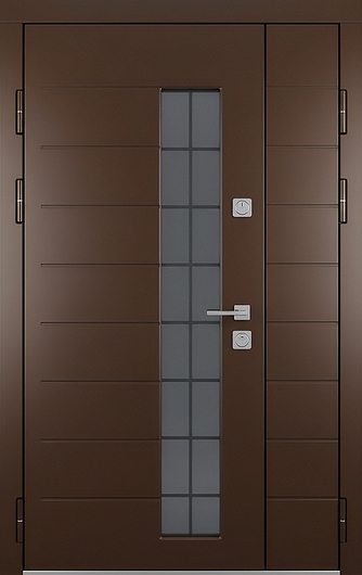 Входная полуторастворчатая термодверь с остеклением и панелями МДФ коричневого цвета